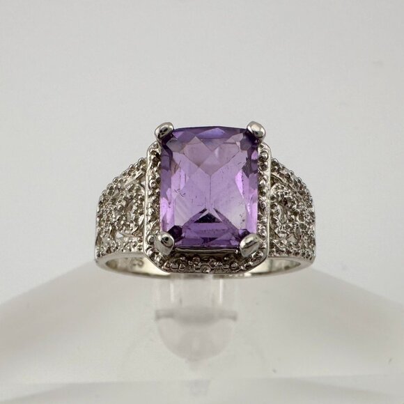 Beautiful Emerald Cut 2.25 Carat Amethyst Ring - Sterling w Diamond Accent Size - Picture 9 of 16